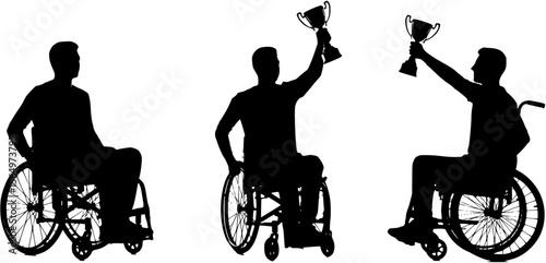 Young man in wheelchair holding winner trophy black silhouette.
