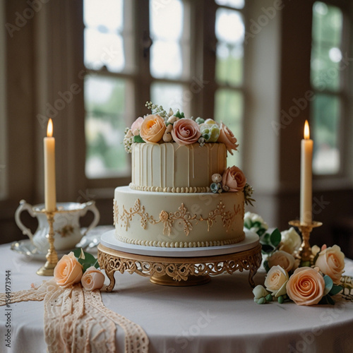 Elegant wedding cake adorned with roses showcased on a table in a softly lit room with candles generative ai