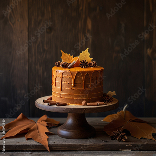 Delicious autumn-themed cake decorated with leaves and pine cones on a rustic wooden cake stand generative ai