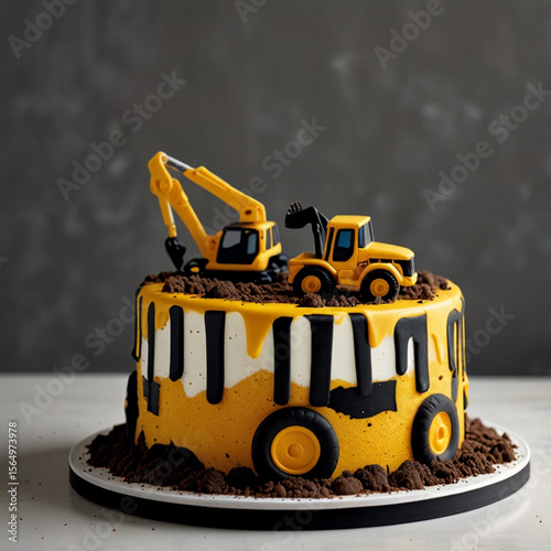 Construction-themed cake featuring yellow machinery and chocolate crumbs in a creative dessert design for celebrations generative ai