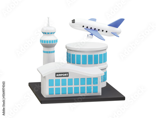 Airport Scene with Airplane Taking Off icon 3d rendering illustration