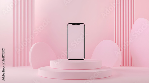 Wallpaper Mural パステルピンクのステージに立つミニマルデザインのスマートフォン Torontodigital.ca