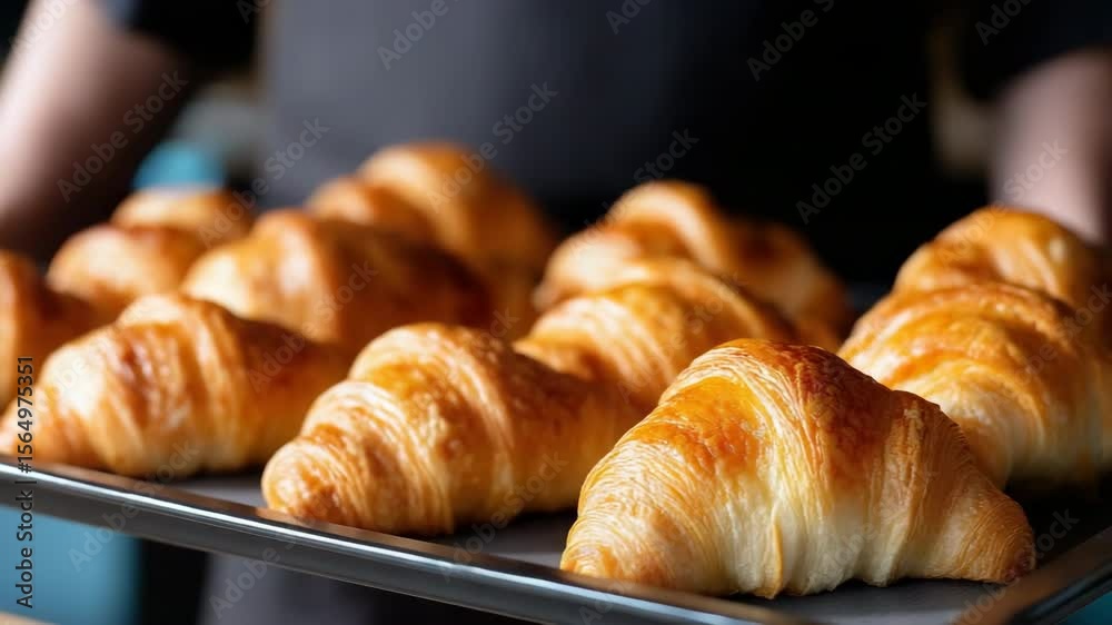 A tray of croissants is being held by a person. The croissants are golden brown and appear to be freshly baked. Concept of warmth and comfort