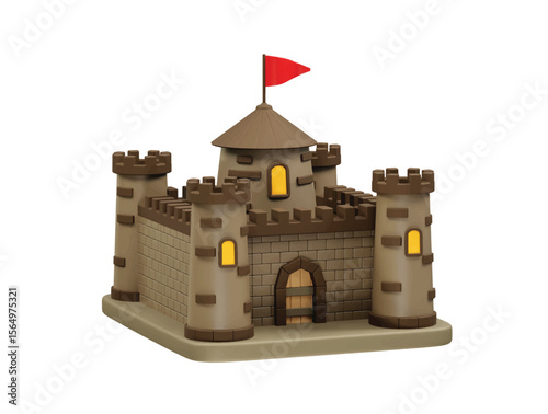 castle with turrets and a red flag icon 3d illustration render