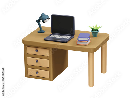 A wooden table workspace with laptop, books, and lamp icon 3d render illustration