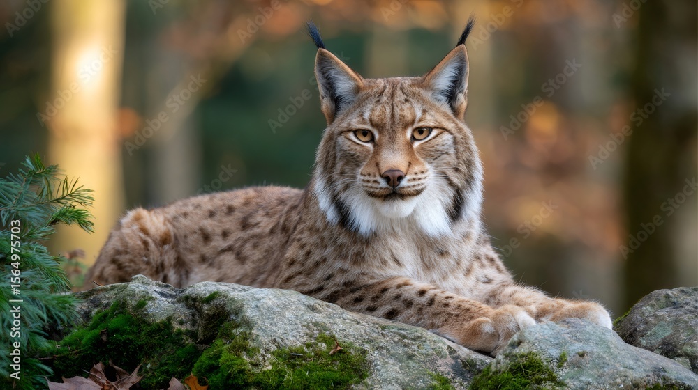 Naklejka premium Majestic eurasian lynx resting on mossy rocks