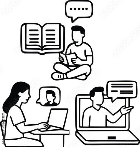 E-Learning and Online Education Vector Illustration Set – Students, Video Class, Virtual Learning
