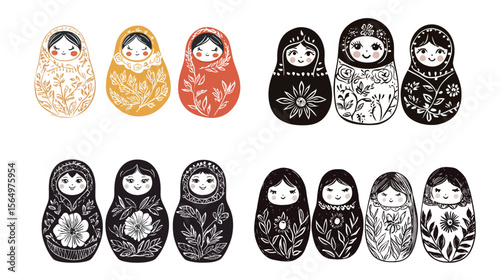 Ink Sketch Matryoshka Doll with Fine Nesting Lines – Hand-Drawn Russian Nesting Doll Illustration