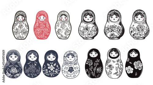 Ink Sketch Matryoshka Doll with Fine Nesting Lines – Hand-Drawn Russian Nesting Doll Illustration