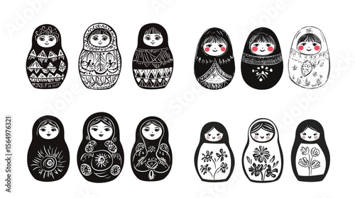 Ink Sketch Matryoshka Doll with Fine Nesting Lines – Hand-Drawn Russian Nesting Doll Illustration