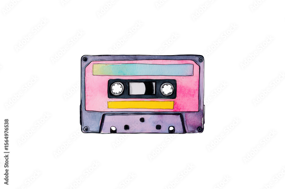 Fototapeta premium Watercolor Illustration Of A Retro Cassette Tape With Pink Blue And Yellow Accents On A Transparent Background