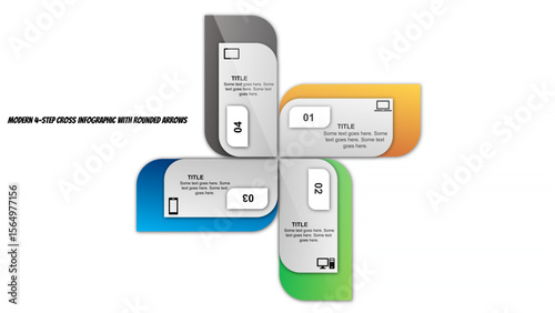 Modern 4-Step Cross Infographic with Rounded Arrows. Fully editable modern infographic vector elements SVG file compatible with PowerPoint, Illustrator, and most vector-based applications. 