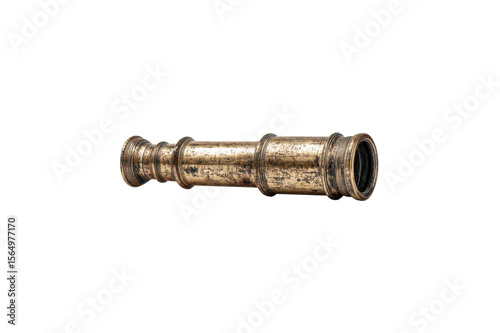 Horizontal View Of A Weathered Brass Telescope With A Black Eyepiece Positioned On A Transparent Background To Isolate