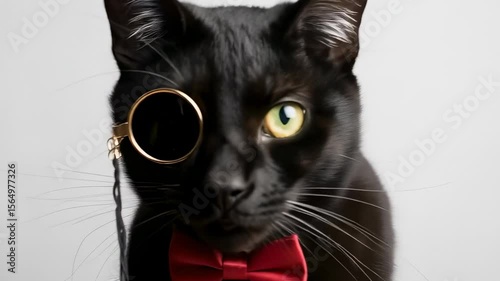 Black cat wearing monocle red bow tie neutral background