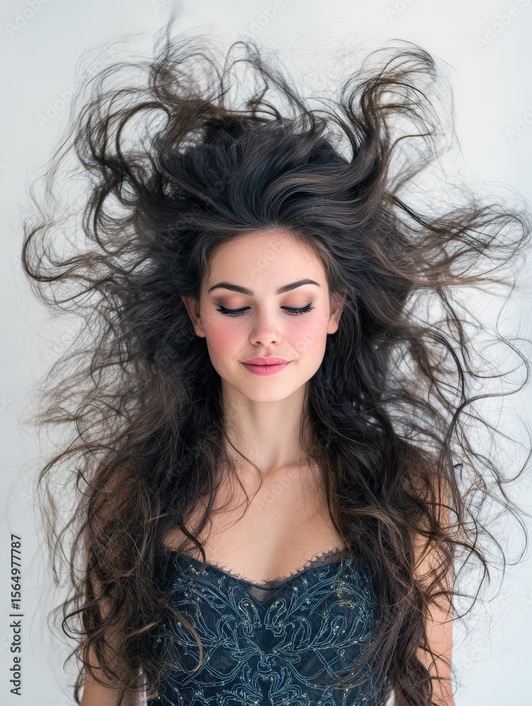 Naklejka premium Elegant woman with long, flowing hair. Peaceful atmosphere. Ideal for beauty, fashion, haircare.
