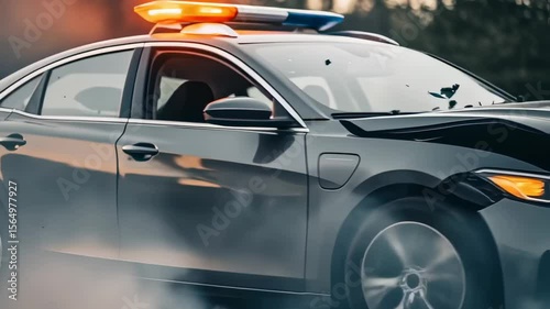 Police car with lights on in action scene