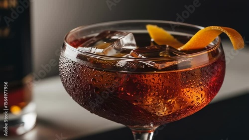Elegant cocktail served chilled in glass with ice cubes orange twist garnish