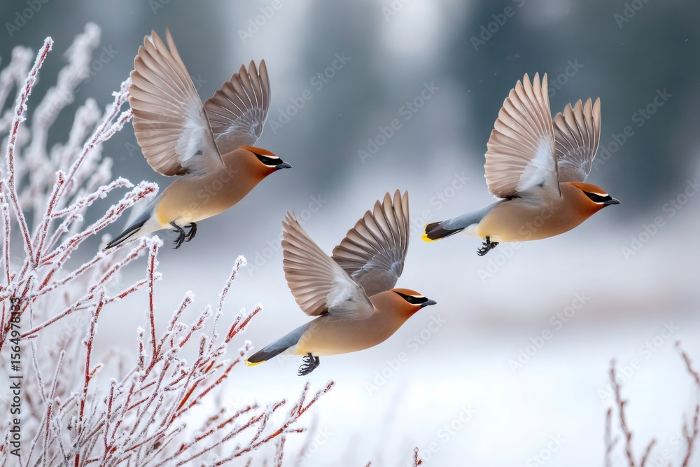 Obraz premium Bohemian waxwings flying over snowy landscape in winter