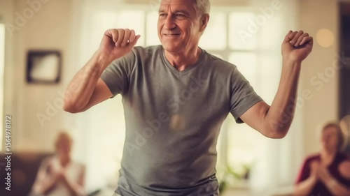 Senior man enjoying dance class in bright living room