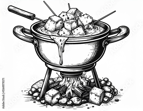 Black And White Illustration Of Cheese Fondue In Pot