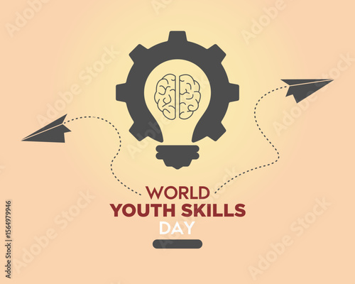 Creative flat design of a brain inside a light bulb with gear and paper planes, symbolizing innovation, knowledge, and youth development for World Youth Skills Day.