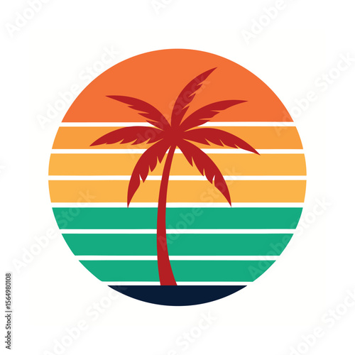 retro vintage sunset under ocean mist with palm tree