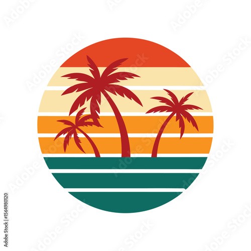 retro vintage sunset view with beach curl wave and palm