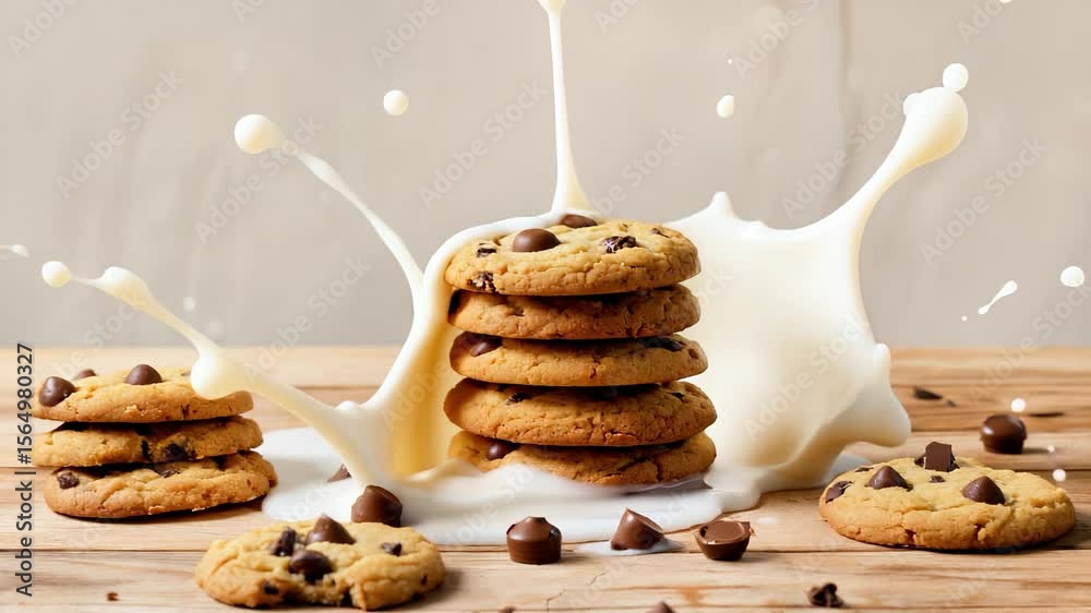 Stacked chocolate chip cookies with milk splash on wooden table, showcasing delicious dessert and inviting atmosphere for culinary enthusiasts and food lovers