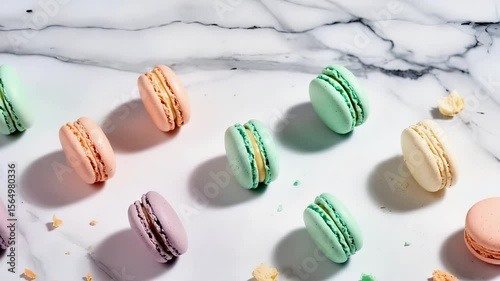Colorful macarons arranged artistically on a marble surface, showcasing a variety of flavors and textures, perfect for dessert lovers and culinary enthusiasts