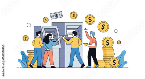 People Interacting with Automated Teller Machines for Financial Transactions and Wealth Accumulation