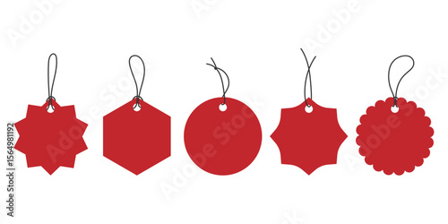 Set of red blank price tags in various geometric shapes with strings, isolated on white. Minimal vector hanging labels. Perfect for sale, discount, gift tag, branding template, packaging, promotion
