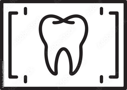 Black and white illustration of a tooth with roots inside a frame dental medical