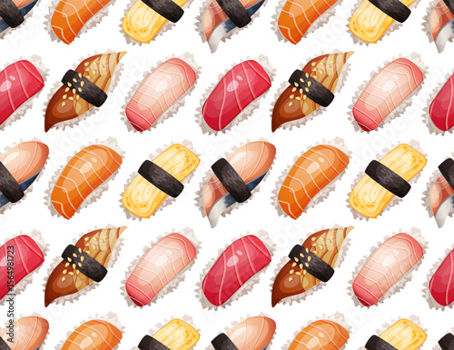Seamless pattern of various fresh delicious nigiri sushi. Japanese traditional food. Asian cuisine. Vector background illustration of healthy food for bar, restaurant or takeout menu in cartoon style.