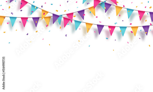 Festive garland of colorful triangular flag strings and scattered confetti in shades of pink, turquoise, yellow and purple. Vector illustration for invitation, greeting cards, banner, party poster.