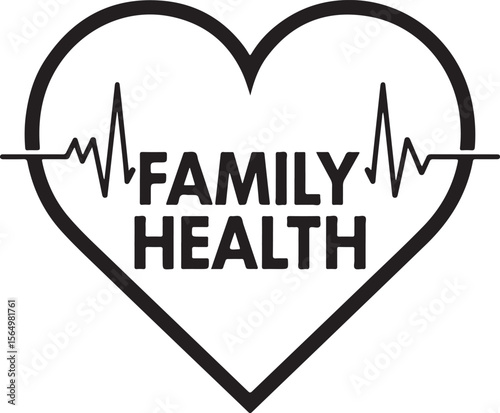Black heart shape with electrocardiogram and text family health heartbeat pulse