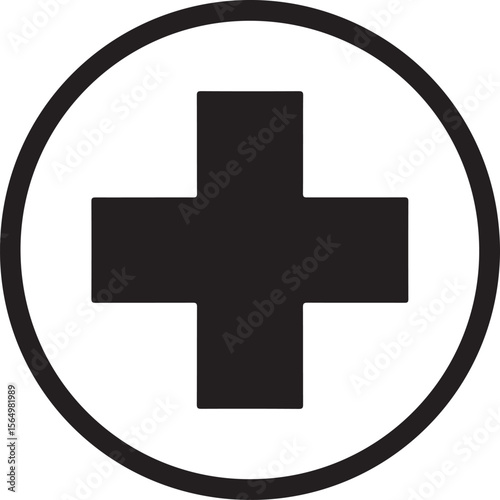 Black medical cross symbol inside a circle health healthcare
