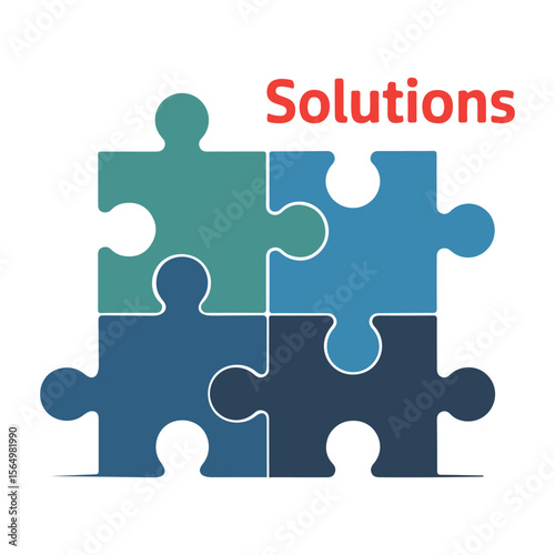 Four connected puzzle pieces with red solutions text