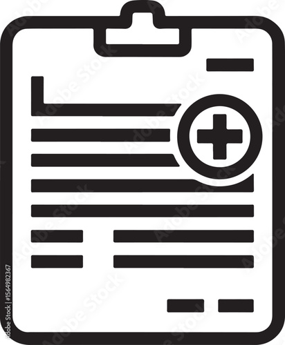 Minimalist black and white medical document icon with plus symbol clipboard medical record