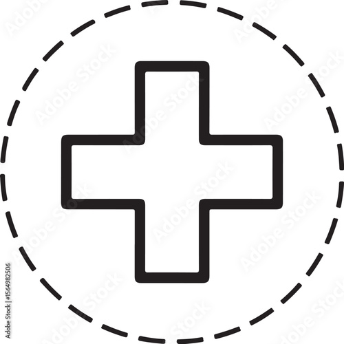 Minimalist medical cross symbol outlined within dashed circle health symbol healthcare