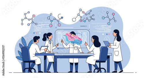 Scientists Collaborating in a Modern Laboratory Observing Advanced Molecular Structures on a Digital Display