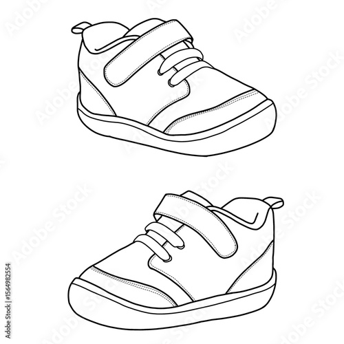 Anti-slip high-top ankle sneakers. Baby shoes, and infant pre-walker non-slip shoes.  Hand-drawn illustration sneakers with velcros and string.