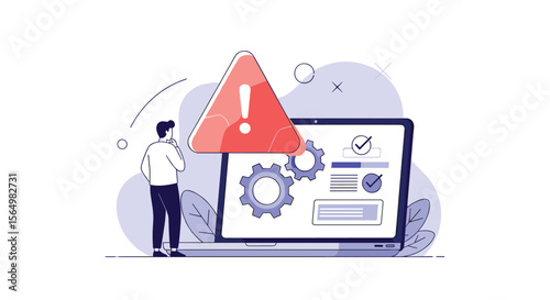 Understanding system errors and troubleshooting technology issues with a person observing a warning sign on a laptop computer screen