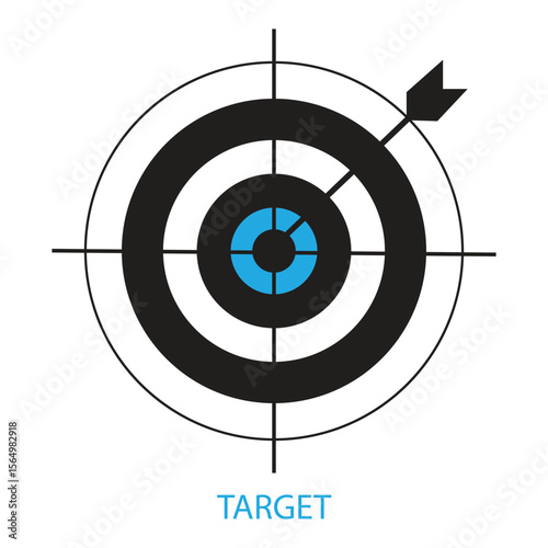 Black and white target with blue center and arrow bullseye