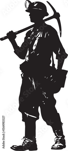 Gold Miner Holding Pickaxe Over Shoulder Silhouette Vector Illustration on Transparent Background