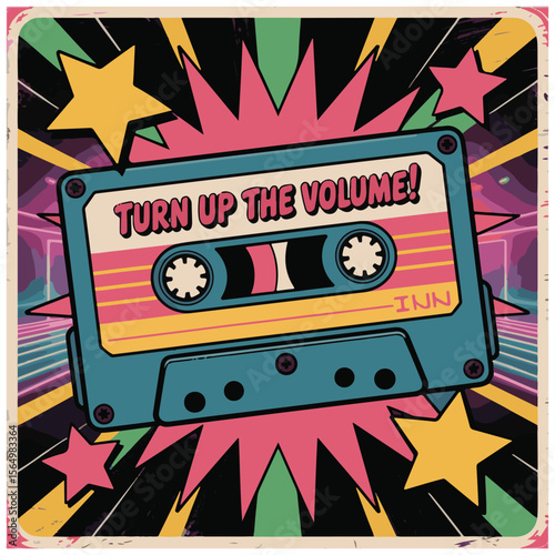 Retro cassette tape with colorful starburst background