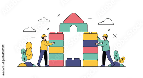 Two People Constructing A Building Out Of Large Colorful Blocks Together A Fun Activity