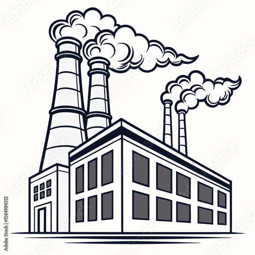 Bold Industrial Factory Building with Smoking Chimneys - Monochrome Flat Design