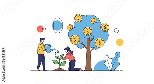 Cultivating Financial Growth A Couple Nurturing A Money Tree With Coins Symbolizing Investment Returns And Prosperity