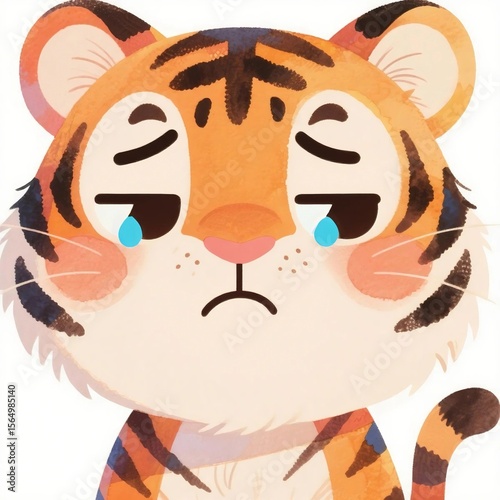 Sad Tiger Cute Watercolor Illustration