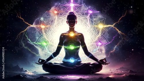 Meditating figure with glowing chakras, cosmic mandala, pulsing energy beams, spiritual animation